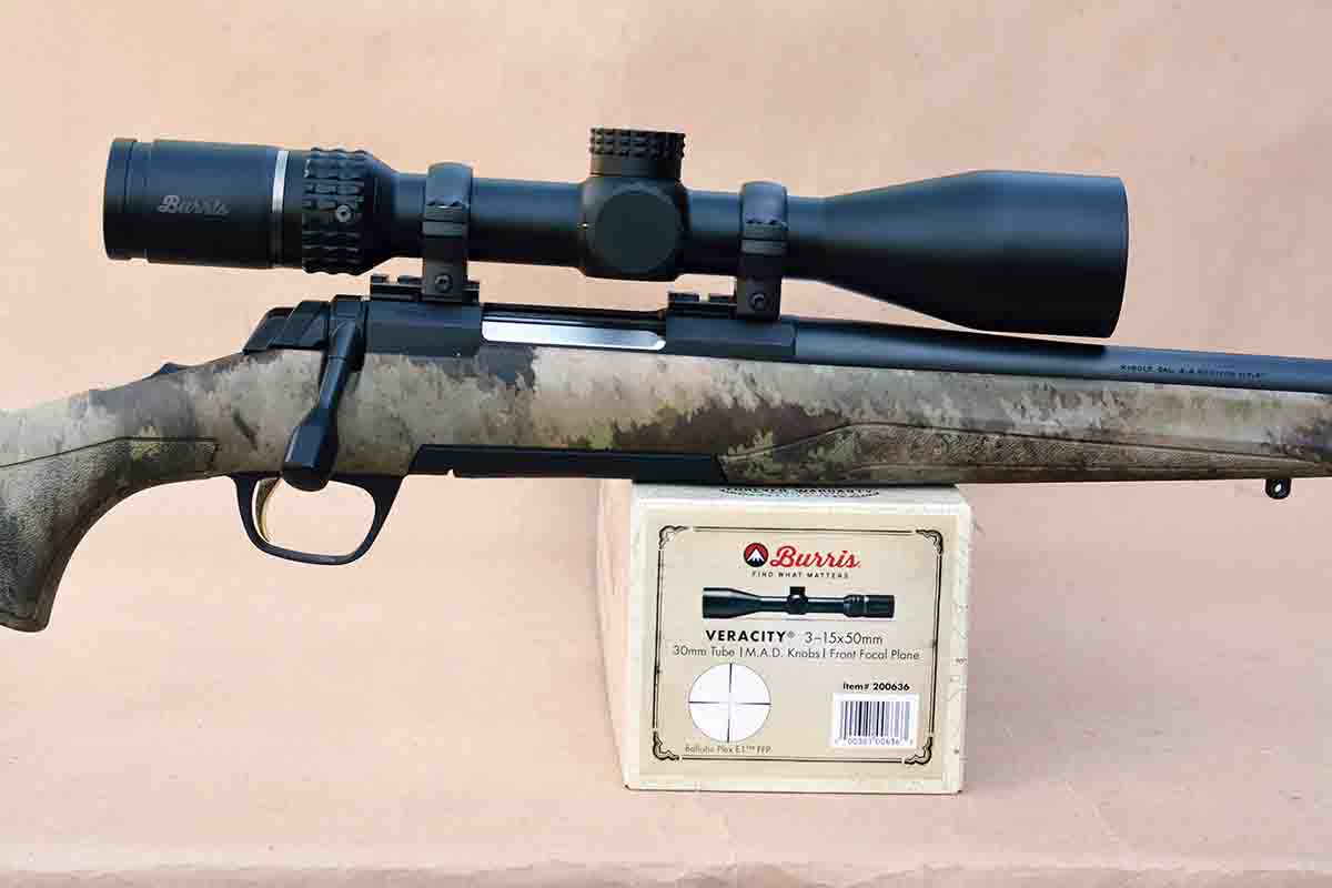 A Burris Veracity 3-15x 50mm riflescope with 30mm maintube and front focal plane was mounted on the test rifle.